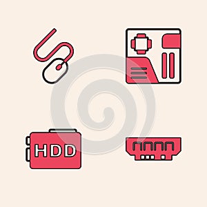 Set RAM, random access memory, Computer mouse, Motherboard digital chip and Hard disk drive HDD icon. Vector