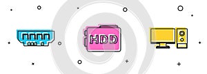 Set RAM, random access memory, Hard disk drive HDD and Computer monitor icon. Vector
