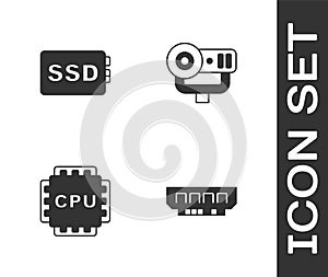 Set RAM, random access memory, SSD card, Processor with CPU and Web camera icon. Vector