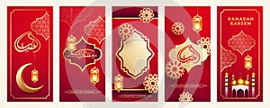 Set of Ramadan Kareem template design with crescent moon, illuminated lanterns and mosque on red islamic seamless pattern