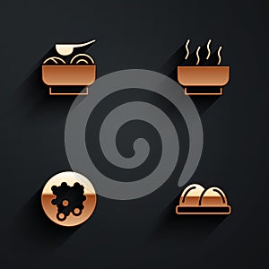 Set Ramen soup bowl, Rice in and Sushi icon with long shadow. Vector