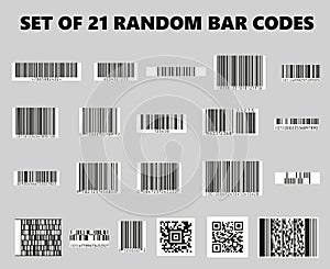 Set of 21 random bar codes and qr codes - vector bar code template mockup for design photo