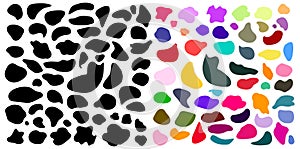 Set of random blotch, inkblot. Colored, black organic blob, blot. Drop of liquid, fluid. Pebble, stone silhouette. Ink stain,