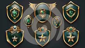 Set of rank buttons isolated on a black background. Modern illustration of hexagonal green shield badges encircled by