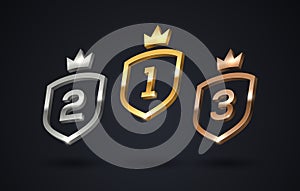 Set of rank emblems - gold, silver, bronze. Shield with rank number and crown. First place, second place and third place signs.