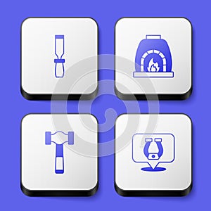 Set Rasp metal file, Blacksmith oven, Hammer and Horseshoe icon. White square button. Vector