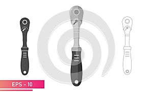 Set, Ratchet wrench with handle. Linear, solid and realistic design. On a white background. Tools for a car mechanic