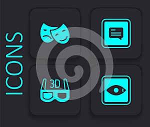 Set Rating movie, Comedy and tragedy masks, Video with subtitles and 3D cinema glasses icon. Black square button. Vector