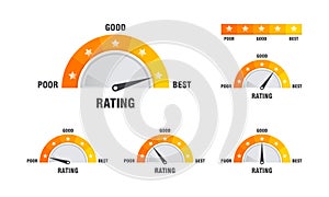 Set of Rating scale Illustration template, Satisfaction meter. Rating stars. Minimum to maximum indicator Vector illustration