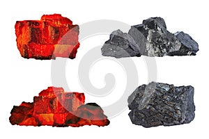 Set of raw coal nugetts isolated on white background. Group of coal bars with red and black pieces in hot and cold condition.