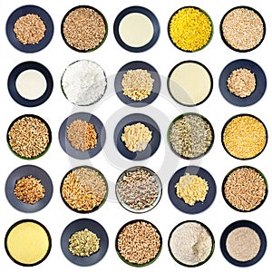 Set of raw and cooked various wheats in bowls