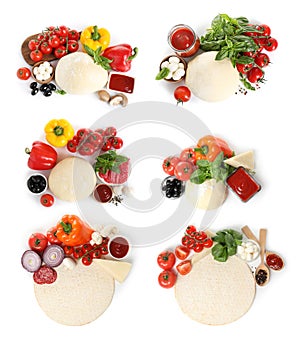 Set with raw dough and ingredients for pizza on white background, top view