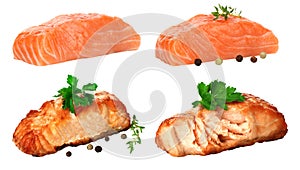 Set of Raw and Fried Salmon fish steaks with green scum, isolated on white background photo