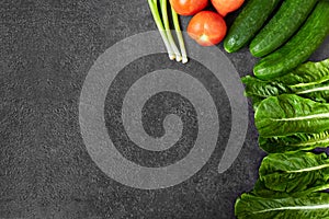 Set of Raw organic food, vegetables with fresh ingredients for healthily cooking on black  background, top view, banner