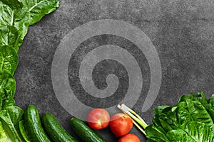 Set of Raw organic food, vegetables with fresh ingredients for healthily cooking on black  background, top view, banner. Vegan or