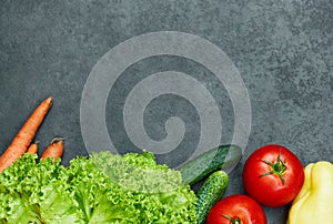 Set of Raw organic vegetables with fresh ingredients for healthily cooking on black  background, top view, banner