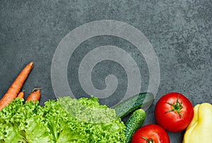 Set of Raw organic vegetables with fresh ingredients for healthily cooking on black  background, top view, banner photo