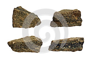 Set of raw Wolframite ore stones isolated on white background. Metallic minerals.