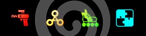 Set Ray gun, Fidget spinner, Roller skate and Puzzle pieces toy icon. Vector