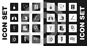 Set X-ray shots, Human stomach, Lungs, Enema, Medical surgery scalpel, Stethoscope, IV bag and Crutch or crutches icon