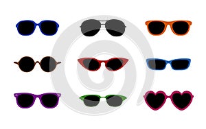 Set of real colorful style cute glasses. Party summer beach sunglasses icons isolated on white background. Vector