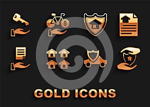 Set Real estate, House contract, with shield, Car, key and Bicycle rental mobile app icon. Vector