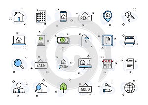 Set of 24 Real Estate web icons in line style. Rent, building, agent, house, auction, realtor. Vector illustration