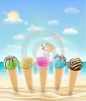 Set of a real ice cream cone on a sea sand beach