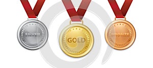 A set of Realistic 3d Champion Gold silver and bronze medal with red ribbon