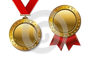 Set of realistic 3d champion realistic 3d gold trophy award medals for winner.