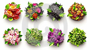 A set of realistic 3D modern illustrations depicting a tea heap with variety of dry leaves and flowers isolated on white