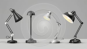 Set of realistic 3d office work supplies. Modern and retro desk lamps in silver and black metal design, isolated on a