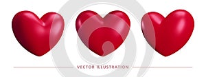 Set of Realistic 3d Red Hearts, different rotation. Vector illustration. Like and Heart icon. Symbol of love. Button for