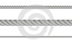 Set of realistic 3d ropes, isolated on white background. Different twine gray thickness rope. Vector illustration of