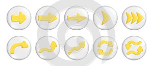 Set of realistic 3d yellow arrows on round button. Different glossy shape of pointer 3d direction icon, left, right, straight, up