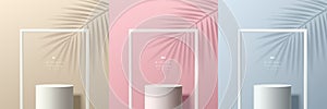 Set of realistic abstract 3d background with cylinder stand podium in beige, blue, pink. Square frames, Palm leaf shadow. Vector