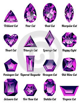 Set of realistic amethysts with complex cuts