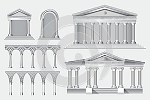 Set of realistic antique columns or realistic antique temple or white antique column with ribbing concept. eps 10 vector