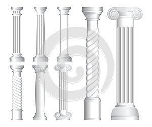 Set of realistic antique columns or realistic antique temple or white antique column with ribbing concept. eps 10 vector photo