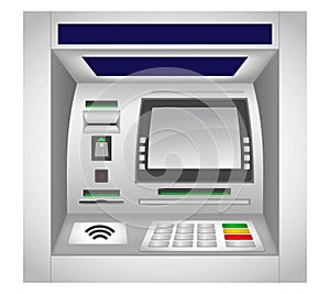 set of realistic atm machine isolated or atm bank cash machine with interface, keypad, slot for card and currency or cash machine