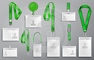 Set of realistic badges id cards on green lanyards with strap clips, cord and clasps vector