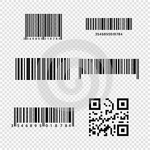 Set of realistic barcode icons isolated on transparent background. Bar code icons