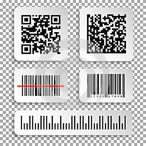 Set of realistic barcode and qr code black icon.