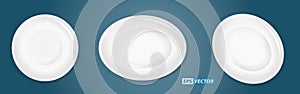 set of realistic blank ceramic plates or bowl dinner dish utensil or blank plate white meal for breakfast and dining. eps vector.