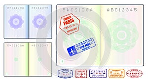 Set of realistic blank passport pages or empty passport with watermark and stamps or open foreign passport pages. eps 10 vector