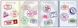 Set of realistic blank passport pages or empty passport with watermark and stamps or  open foreign passport pages. eps 10 vector,