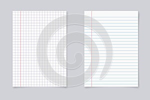 Set of realistic blank sheets of square and lined paper