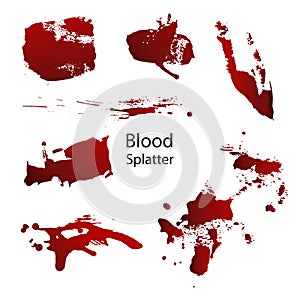 A set of realistic blood splashes.Drop and drop of blood.Blood stains isolated on a white background.Vector illustration