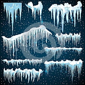 Set of realistic borders with snow and icicles. Elements for christmas design over blue background,