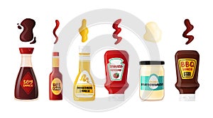 Set Realistic Bottles Sauces with Labels. Dressing BBQ, Soy, Hot Chili, Mayonnaise Spicy Condiments with Spilled Strips